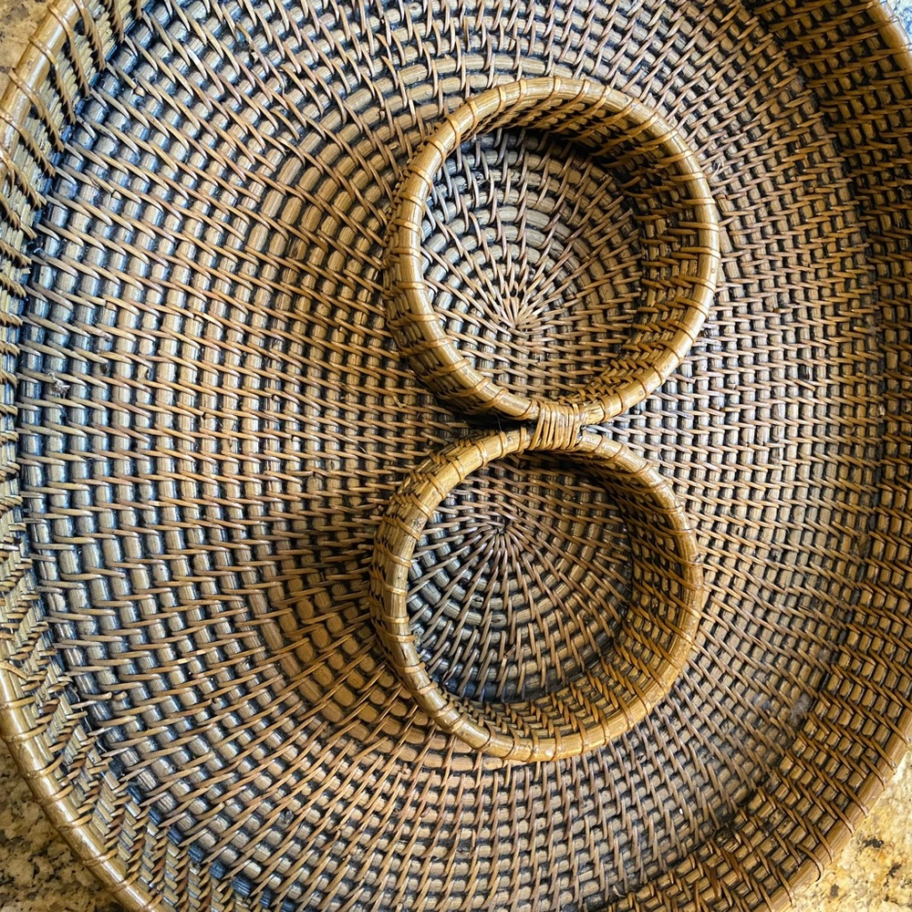 Handwoven rattan chip and dip platter for entertaining 19” by 16.5”